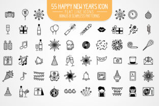 55 Happy New Year Flat Line Icons for Graphic Design Projects
